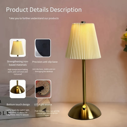 1pc Modern Pleated LED Table Lamp, Touch Control, Adjustable Brightness with Long Press in 3 Color Temperatures, USB Powered, for Indoor Use, Metal Base, Pleated Fabric Lampshade - Bedside Lamp Night Light