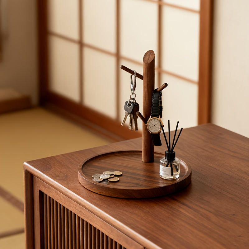 1pc Minimalist Solid Wood Stand Tray Desktop Organizer - Vertical 45° Hook Multi-Functional Storage Shelf, Tabletop Entryway Key Holder Open Display Rack for Living Room, Hallway, Bedroom & Office Jewelry Cosmetics Showcase