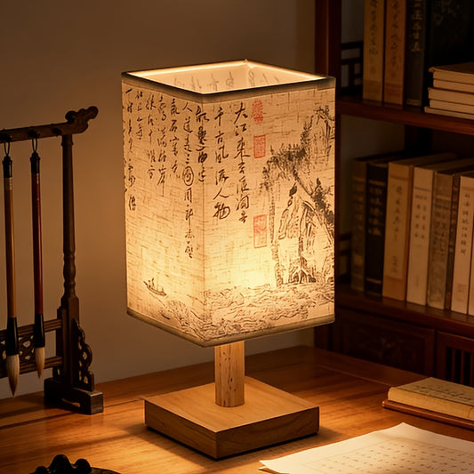 1pc LED Chibi Nostalgic Table Lamp | Ambient Light, Decorative, Night Light, USB Powered, Art Deco Style, Wood Material, Linen Shade, Push Button Control, Suitable for Various Room Types, Ideal for Bedroom, Living Room, Study