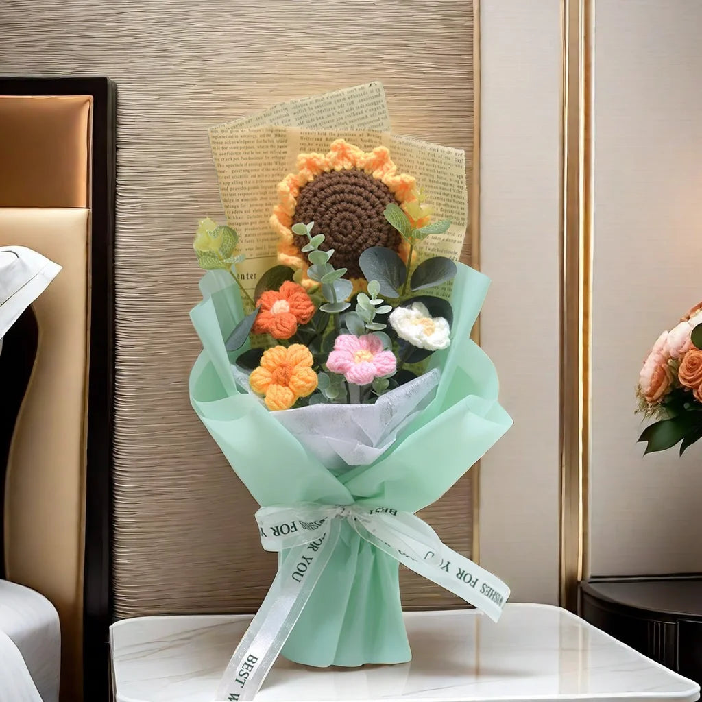 باقة زهور عباد الشمس والأقحوان المصنوعة يدويًا بالكروشيه - هدية للمناسبات الخاصة