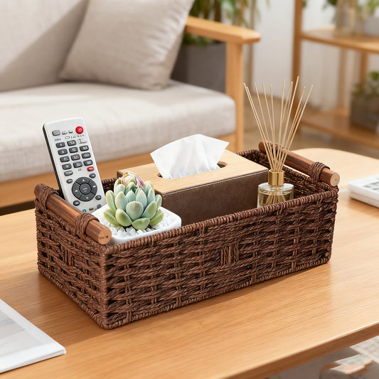 Woven Storage Basket with Wooden Handles - Multi-Color Paper Rope Woven Storage Basket, Desktop Storage Box, Suitable for Bedroom, Kitchen, Living Room, Dressing Table, Bathroom, Office, Toilet Tank Storage Basket, Cosmetic S