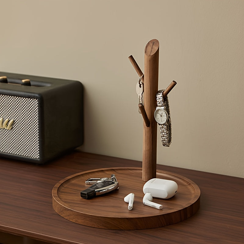 1pc Minimalist Solid Wood Stand Tray Desktop Organizer - Vertical 45° Hook Multi-Functional Storage Shelf, Tabletop Entryway Key Holder Open Display Rack for Living Room, Hallway, Bedroom & Office Jewelry Cosmetics Showcase