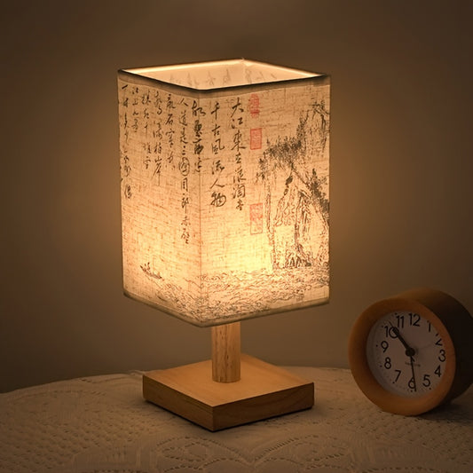 1pc LED Chibi Nostalgic Table Lamp | Ambient Light, Decorative, Night Light, USB Powered, Art Deco Style, Wood Material, Linen Shade, Push Button Control, Suitable for Various Room Types, Ideal for Bedroom, Living Room, Study