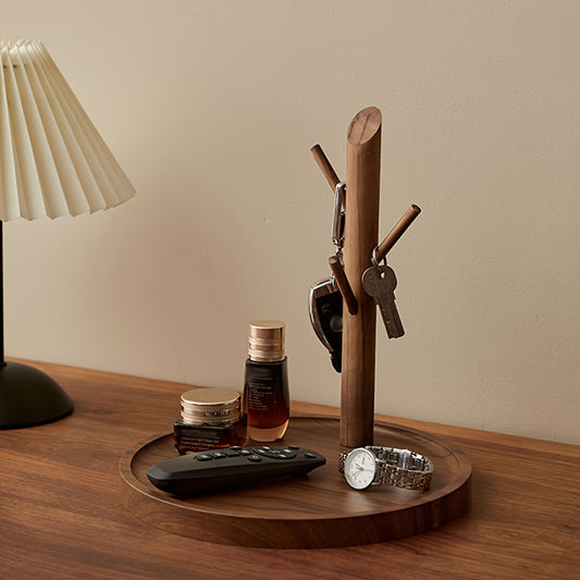 1pc Minimalist Solid Wood Stand Tray Desktop Organizer - Vertical 45° Hook Multi-Functional Storage Shelf, Tabletop Entryway Key Holder Open Display Rack for Living Room, Hallway, Bedroom & Office Jewelry Cosmetics Showcase